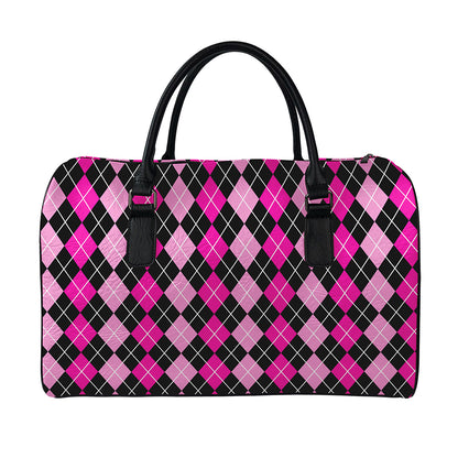 Deep Pink And Black Argyle Pattern Print Leather Duffle Bag