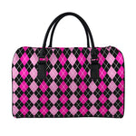 Deep Pink And Black Argyle Pattern Print Leather Duffle Bag
