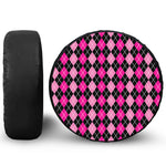Deep Pink And Black Argyle Pattern Print Leather Spare Tire Cover