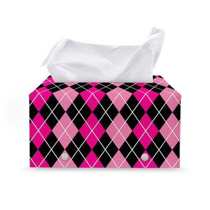 Deep Pink And Black Argyle Pattern Print Leather Tissue Box Cover