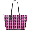Deep Pink And Black Argyle Pattern Print Leather Tote Bag With Zipper