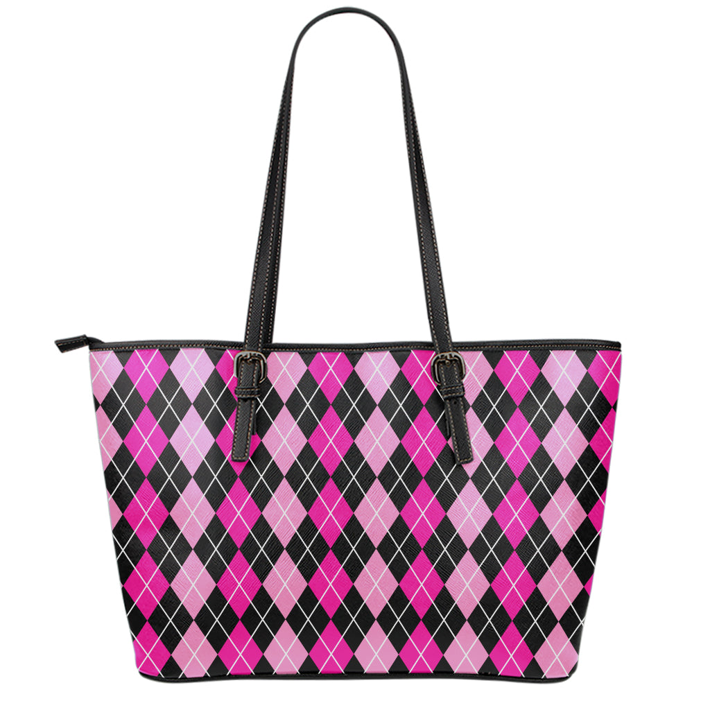 Deep Pink And Black Argyle Pattern Print Leather Tote Bag