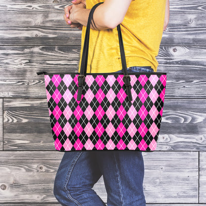 Deep Pink And Black Argyle Pattern Print Leather Tote Bag