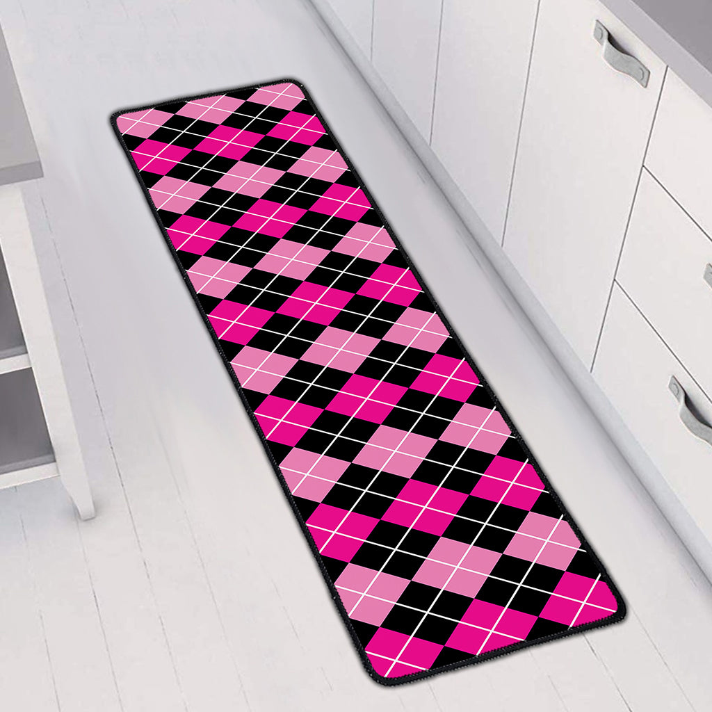 Deep Pink And Black Argyle Pattern Print Long Kitchen Mat