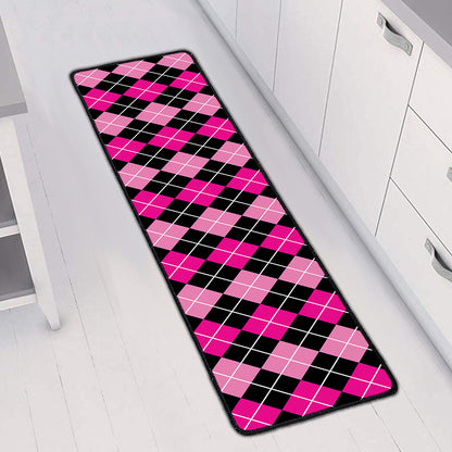 Deep Pink And Black Argyle Pattern Print Long Kitchen Mat