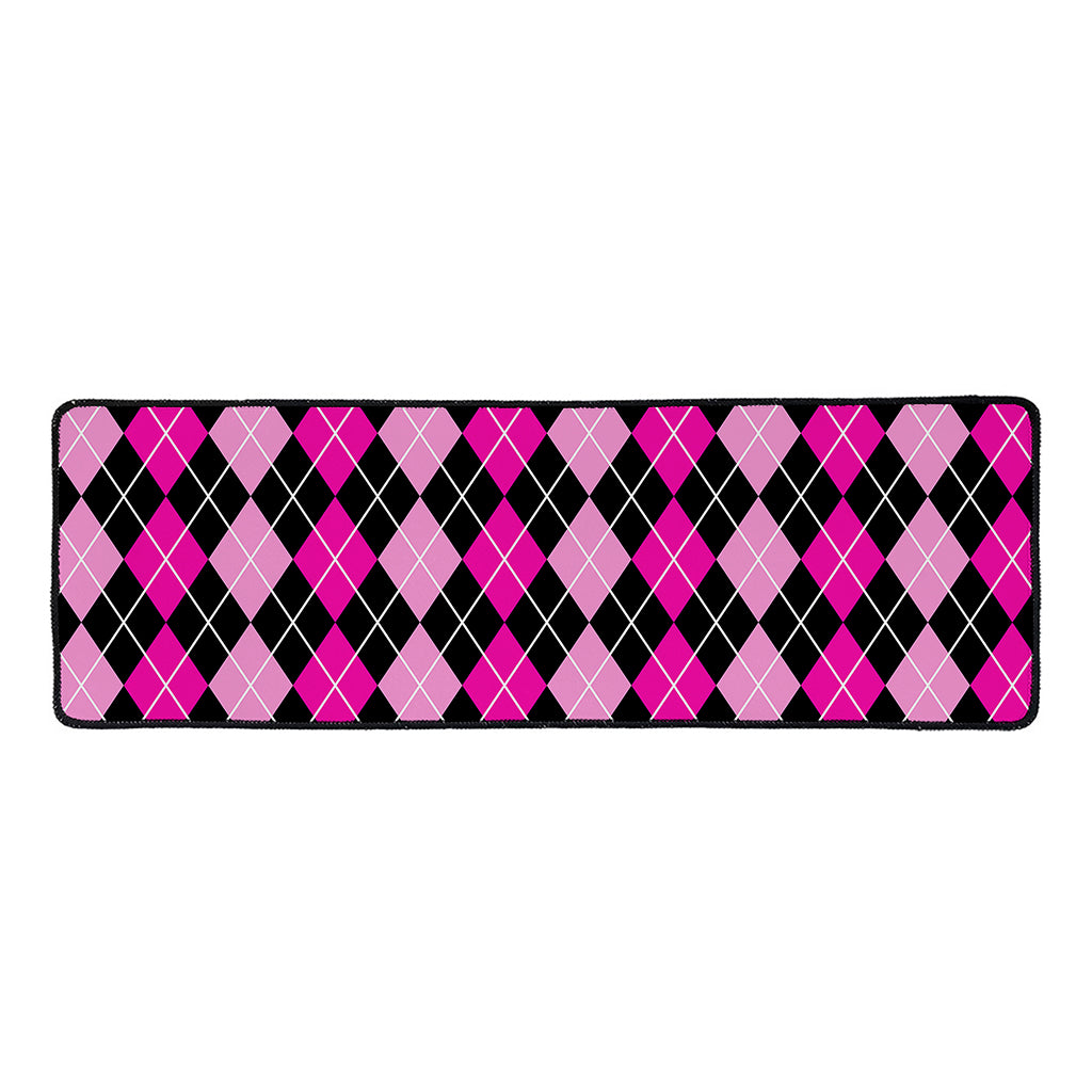 Deep Pink And Black Argyle Pattern Print Long Kitchen Mat