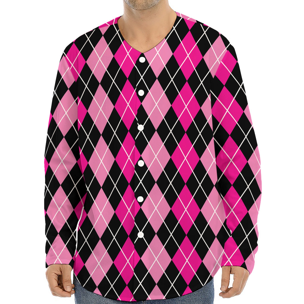 Deep Pink And Black Argyle Pattern Print Long Sleeve Baseball Jersey