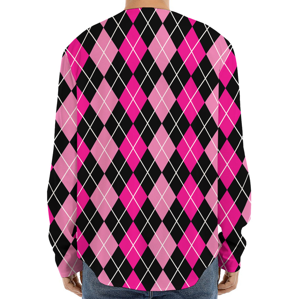 Deep Pink And Black Argyle Pattern Print Long Sleeve Baseball Jersey