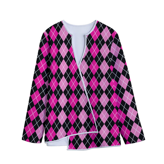 Deep Pink And Black Argyle Pattern Print Long Sleeve Short Coat