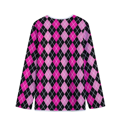 Deep Pink And Black Argyle Pattern Print Long Sleeve Short Coat