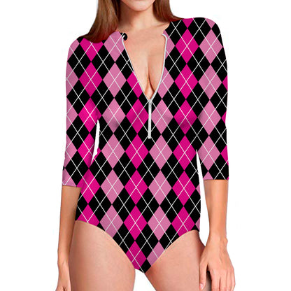 Deep Pink And Black Argyle Pattern Print Long Sleeve Swimsuit