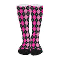 Deep Pink And Black Argyle Pattern Print Long Socks