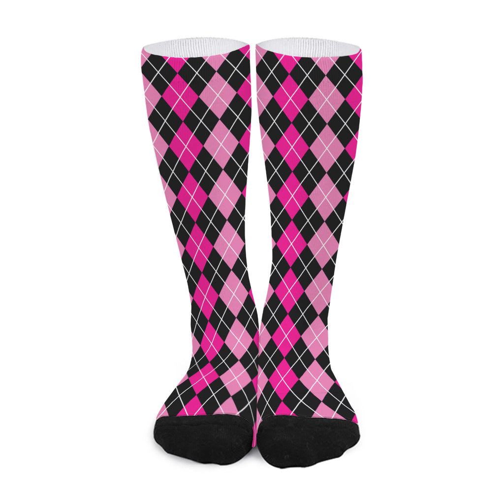 Deep Pink And Black Argyle Pattern Print Long Socks