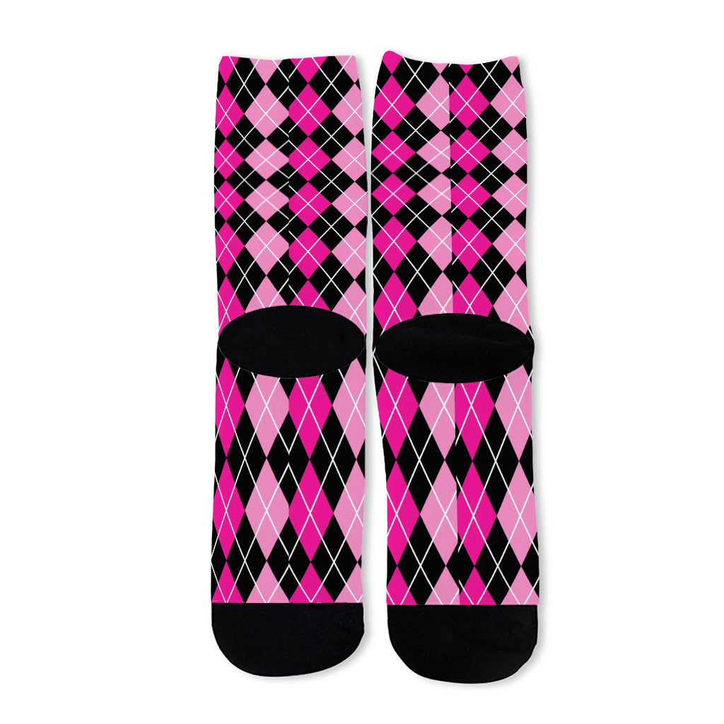 Deep Pink And Black Argyle Pattern Print Long Socks