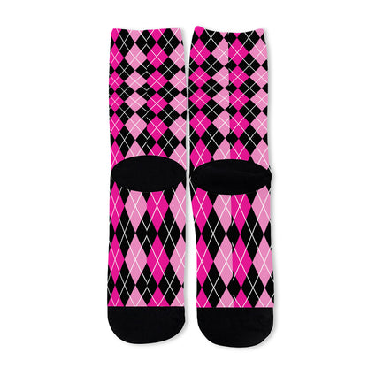 Deep Pink And Black Argyle Pattern Print Long Socks