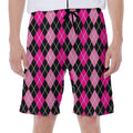 Deep Pink And Black Argyle Pattern Print Men's Beach Shorts