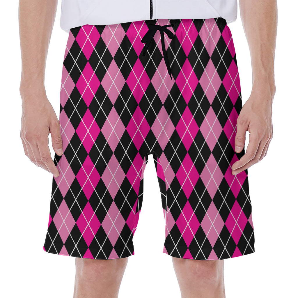 Deep Pink And Black Argyle Pattern Print Men's Beach Shorts