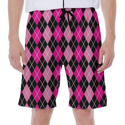 Deep Pink And Black Argyle Pattern Print Men's Beach Shorts