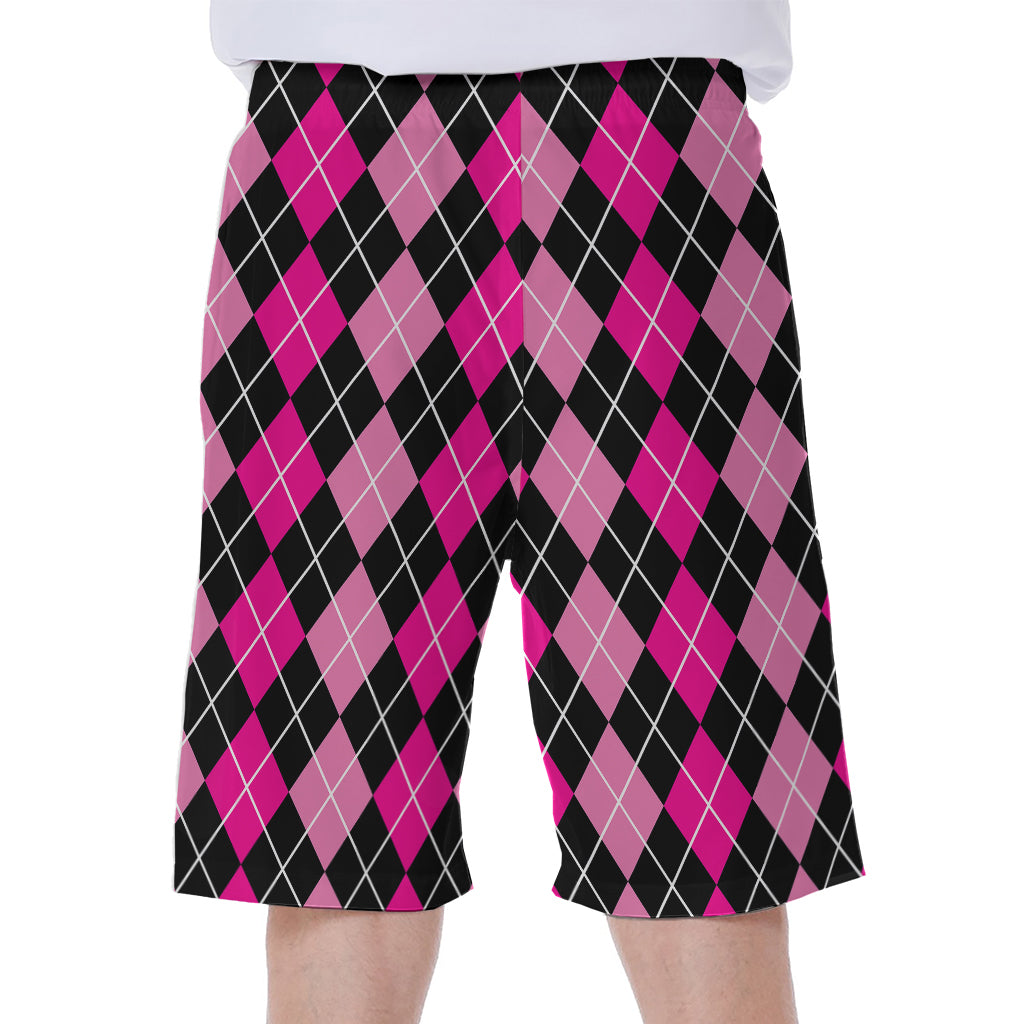 Deep Pink And Black Argyle Pattern Print Men's Beach Shorts