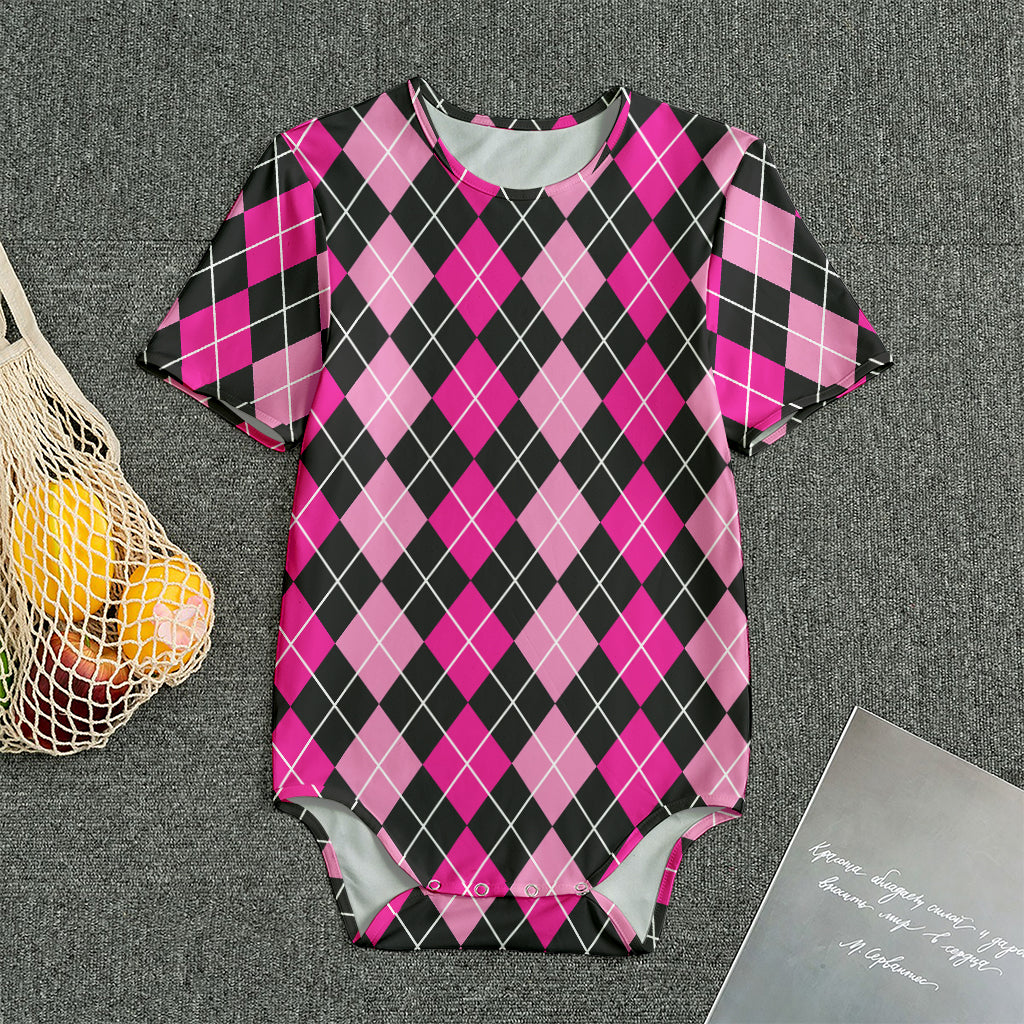 Deep Pink And Black Argyle Pattern Print Men's Bodysuit