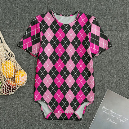 Deep Pink And Black Argyle Pattern Print Men's Bodysuit