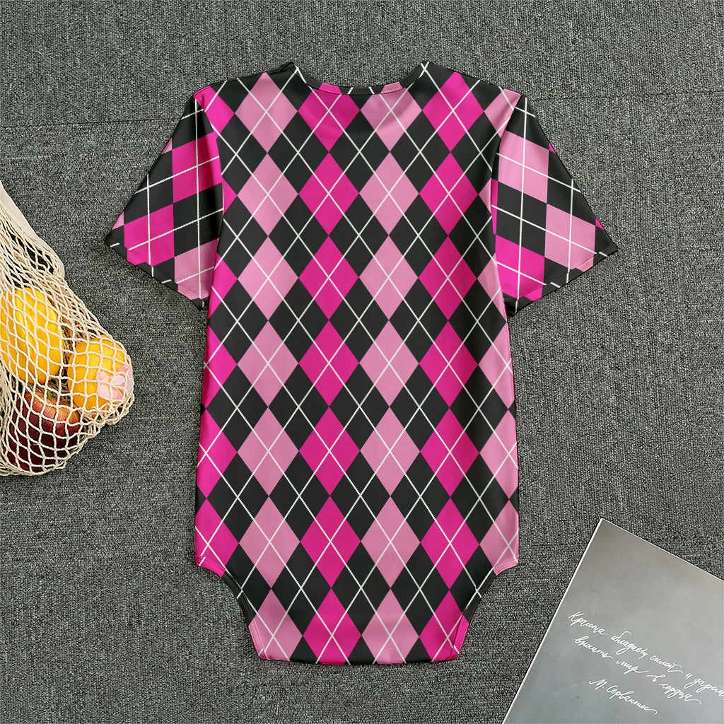 Deep Pink And Black Argyle Pattern Print Men's Bodysuit