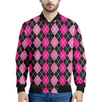 Deep Pink And Black Argyle Pattern Print Men's Bomber Jacket