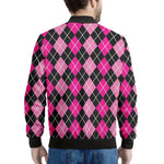 Deep Pink And Black Argyle Pattern Print Men's Bomber Jacket