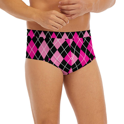 Deep Pink And Black Argyle Pattern Print Men's Briefs