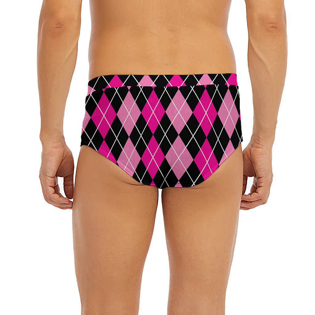 Deep Pink And Black Argyle Pattern Print Men's Briefs