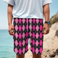 Deep Pink And Black Argyle Pattern Print Men's Cargo Shorts