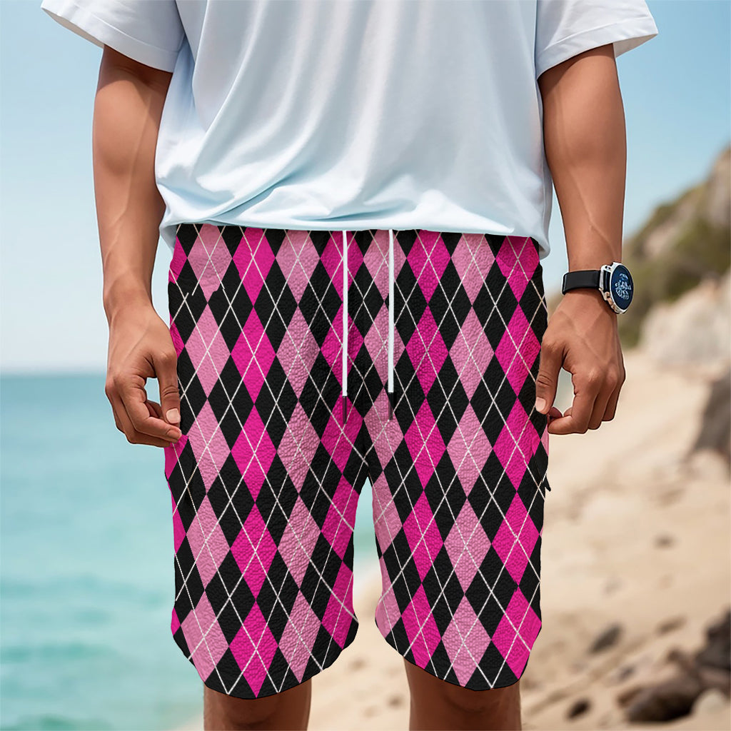 Deep Pink And Black Argyle Pattern Print Men's Cargo Shorts