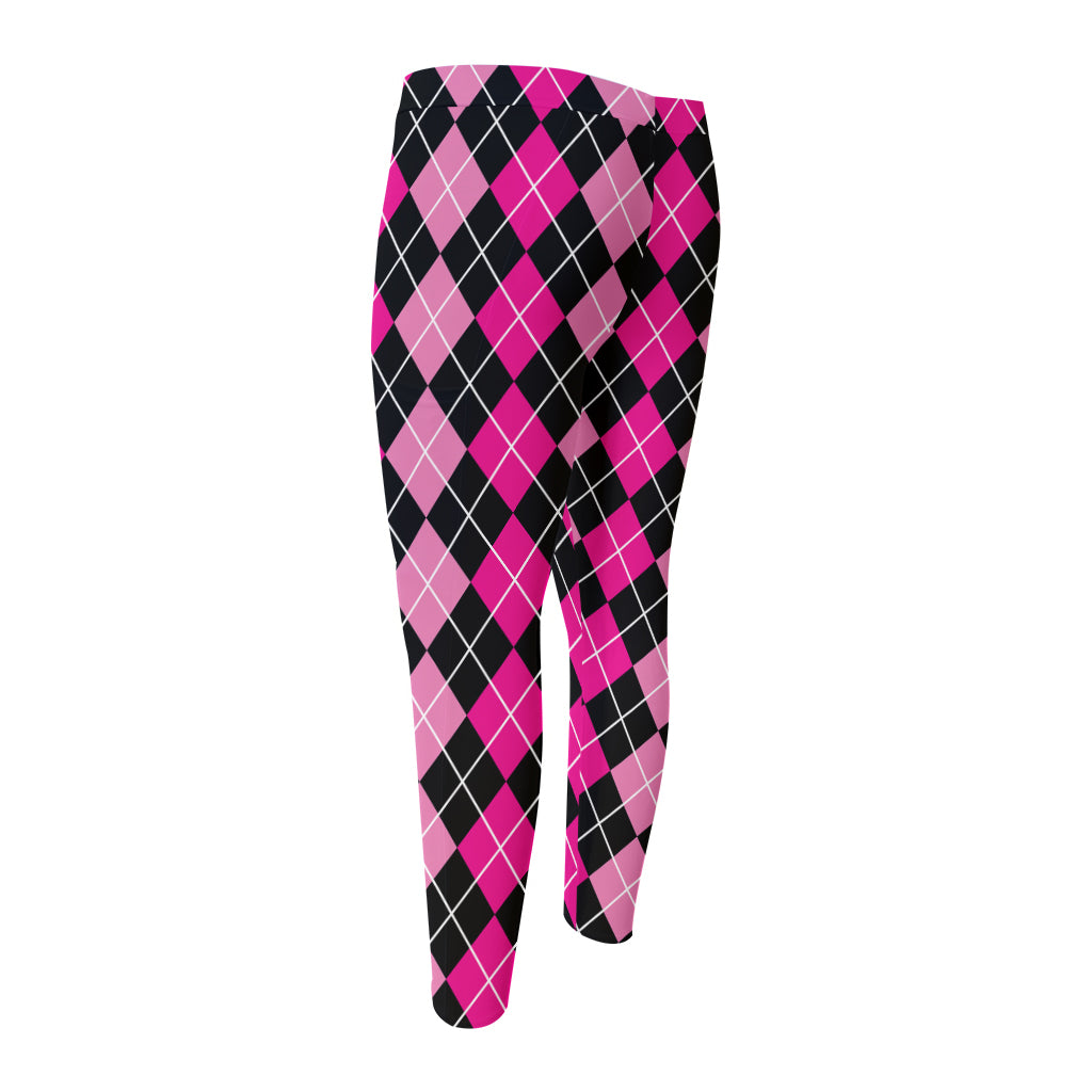 Deep Pink And Black Argyle Pattern Print Men's Compression Pants