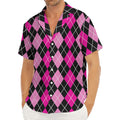 Deep Pink And Black Argyle Pattern Print Men's Deep V-Neck Shirt