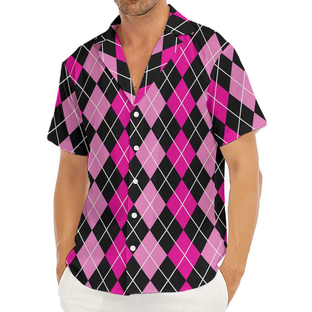 Deep Pink And Black Argyle Pattern Print Men's Deep V-Neck Shirt
