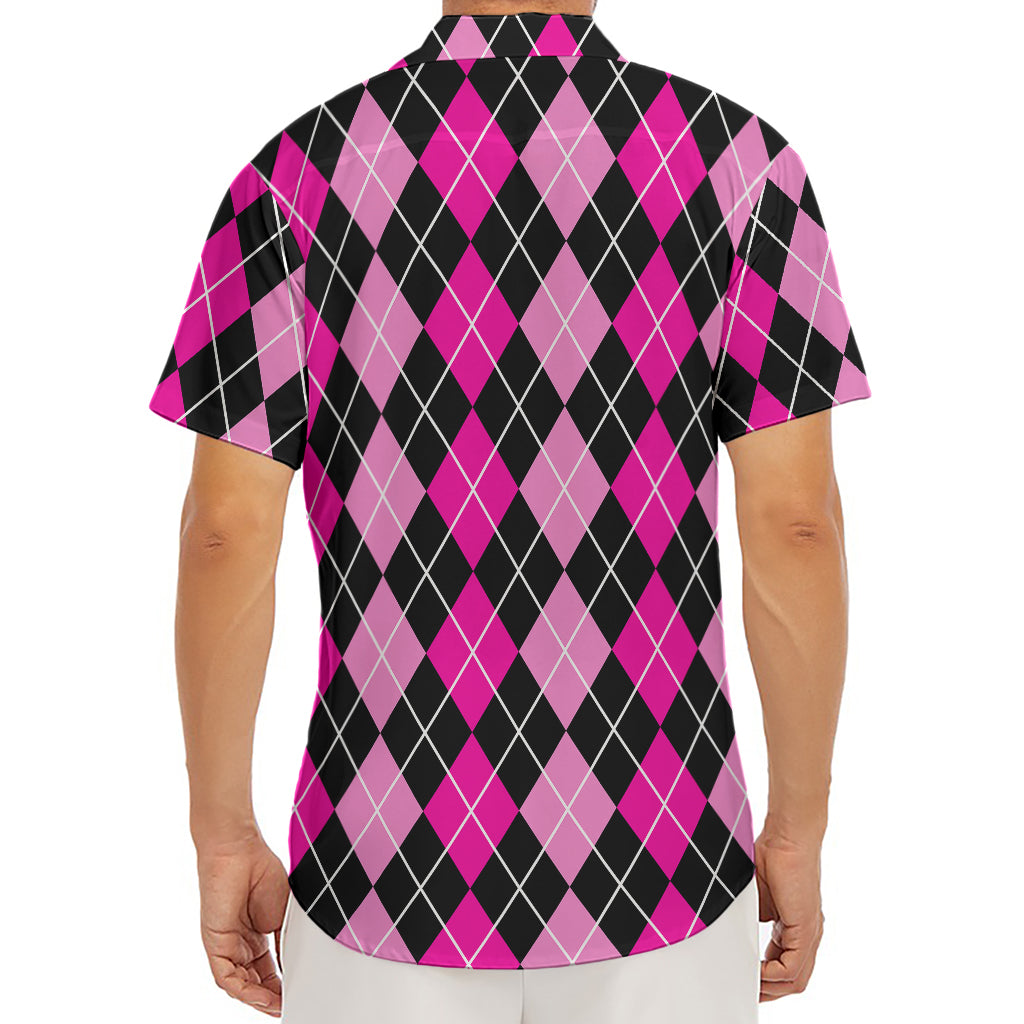 Deep Pink And Black Argyle Pattern Print Men's Deep V-Neck Shirt