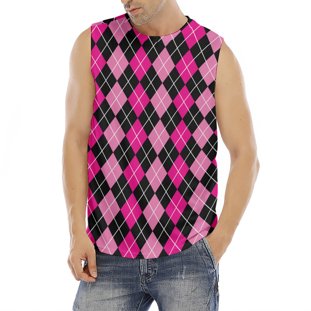 Deep Pink And Black Argyle Pattern Print Men's Fitness Tank Top