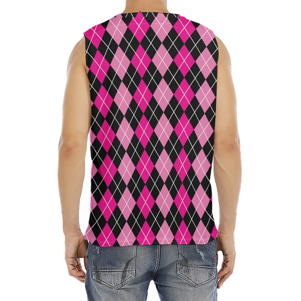 Deep Pink And Black Argyle Pattern Print Men's Fitness Tank Top