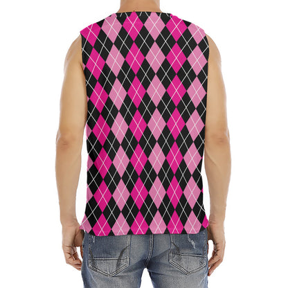 Deep Pink And Black Argyle Pattern Print Men's Fitness Tank Top