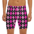 Deep Pink And Black Argyle Pattern Print Men's Long Boxer Briefs
