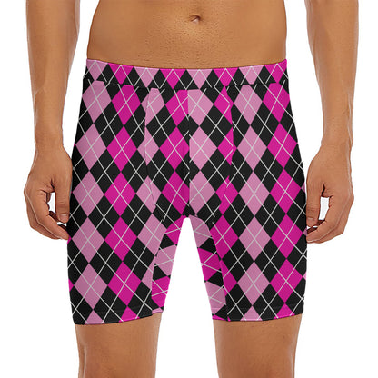 Deep Pink And Black Argyle Pattern Print Men's Long Boxer Briefs