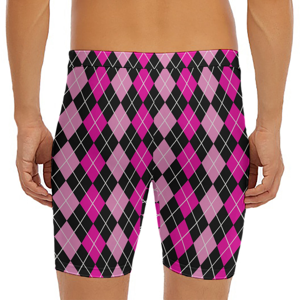 Deep Pink And Black Argyle Pattern Print Men's Long Boxer Briefs