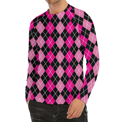 Deep Pink And Black Argyle Pattern Print Men's Long Sleeve Rash Guard