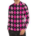 Deep Pink And Black Argyle Pattern Print Men's Long Sleeve Rash Guard