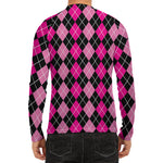 Deep Pink And Black Argyle Pattern Print Men's Long Sleeve Rash Guard