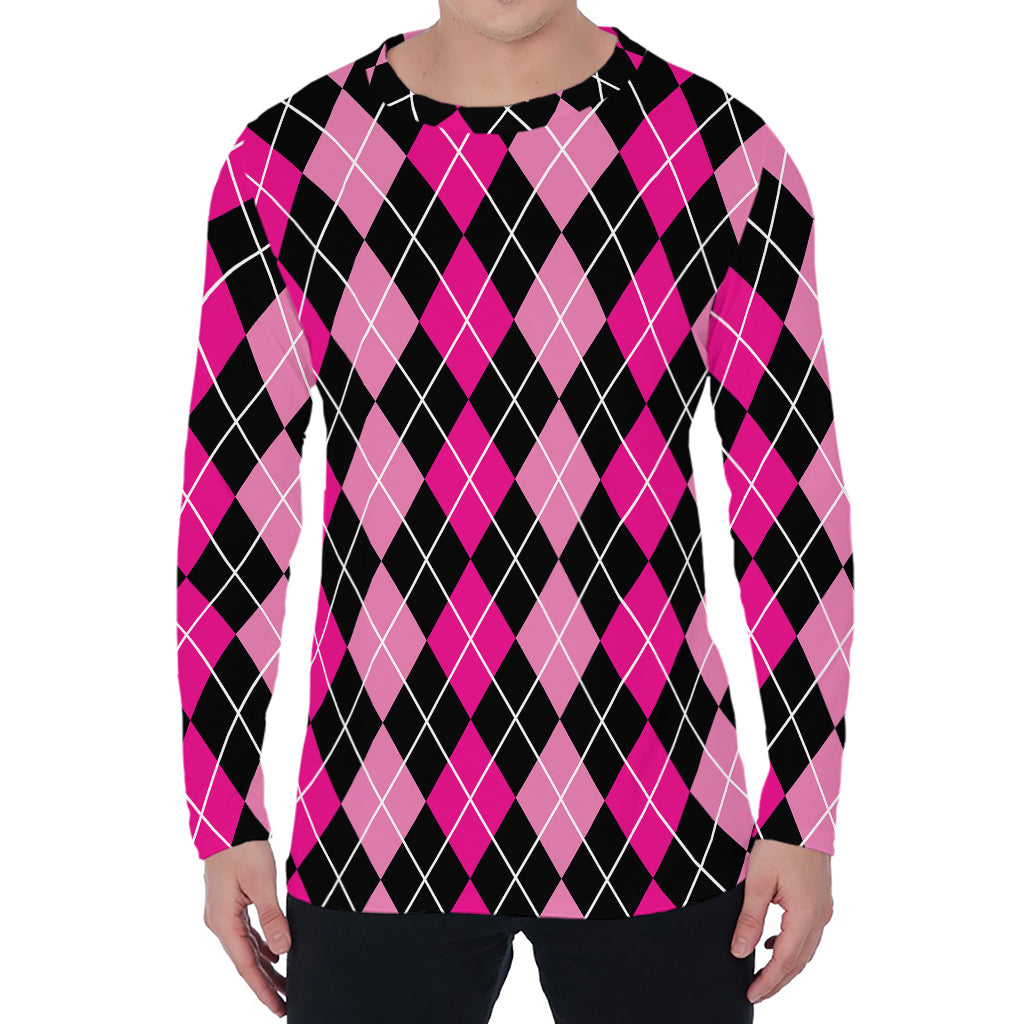 Deep Pink And Black Argyle Pattern Print Men's Long Sleeve T-Shirt