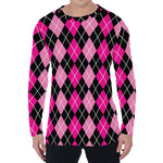 Deep Pink And Black Argyle Pattern Print Men's Long Sleeve T-Shirt