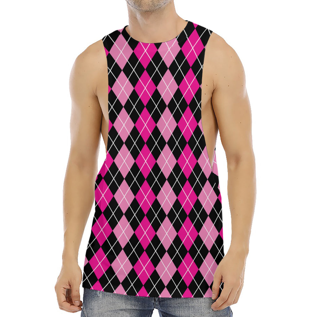 Deep Pink And Black Argyle Pattern Print Men's Muscle Tank Top