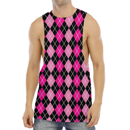 Deep Pink And Black Argyle Pattern Print Men's Muscle Tank Top