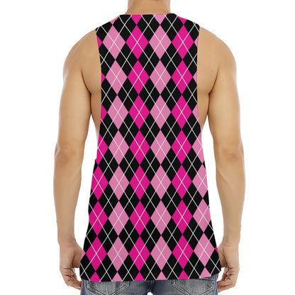 Deep Pink And Black Argyle Pattern Print Men's Muscle Tank Top